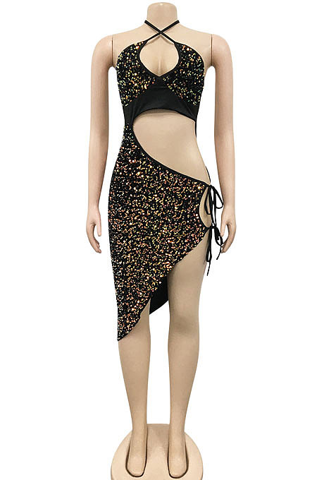Euramerican Fashion Sexy Irregluar Condole Belt Hollow Out Split Bandage Mini Dress XZ5309