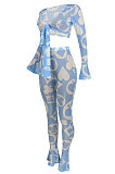 Euramerican Women Fashion Sexy Mesh Spaghetti Printing Flounce Pants Sets ED8362