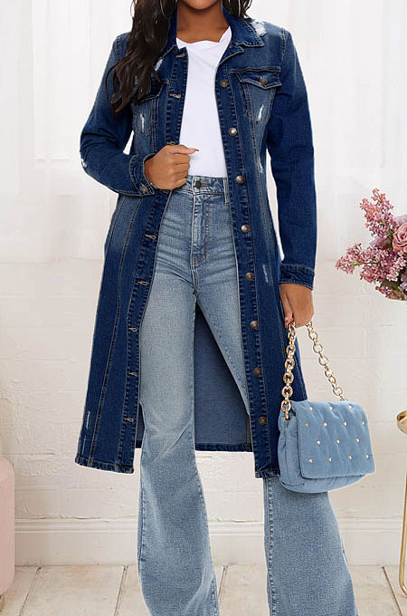 Fashion Women Hole Long Sleeve Lapel Neck Single-Breasted Cardigan Jeans Long Coat JLX3523