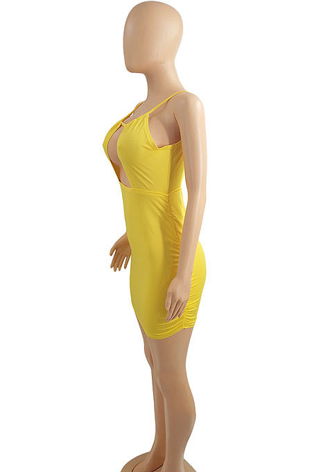 Women Sexy Pure Color Condole Belt Ruffle Hollow Out Hip Dress WPH0012