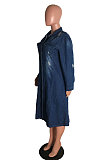Fashion Women Hole Long Sleeve Lapel Neck Single-Breasted Cardigan Jeans Long Coat JLX3523