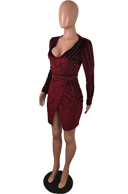Sexy Night Club Women Hot Drilling Long Sleeve V Neck Collect Waist Hip Dress JLX8919