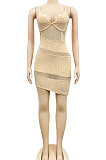 Euramerican Fashion Women Sexy V Collar Mesh Spaghetti Perspectivity Bling Bling Condole Belt Irregular Mini Dress XZ5575