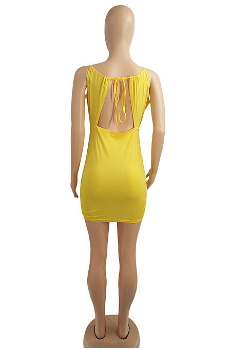 Women Sexy Pure Color Condole Belt Ruffle Hollow Out Hip Dress WPH0012