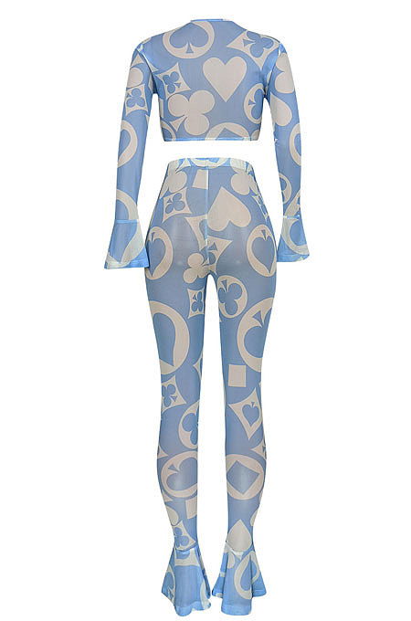 Euramerican Women Fashion Sexy Mesh Spaghetti Printing Flounce Pants Sets ED8362