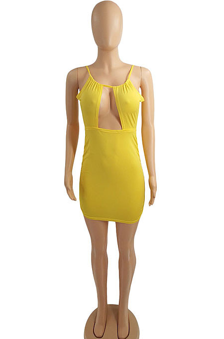 Women Sexy Pure Color Condole Belt Ruffle Hollow Out Hip Dress WPH0012