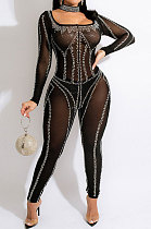 Trendy Sexy Casual A Word Collar Bling Bling PerspectivityBodycon Jumpsuits  CCY9536