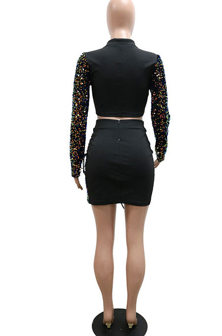 Fashion Sequins Spliced Sexy Bandage Long Sleeve Top Irregular Hip Skirts Sets CCY9543