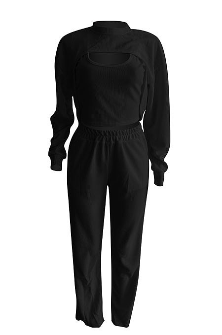 Women Pure Color Long Sleeve Sexy Crop Three Pieces XQ1160