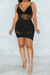 Euramerican Fashion Women Sexy V Collar Mesh Spaghetti Perspectivity Bling Bling Condole Belt Irregular Mini Dress XZ5575