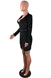Sexy Night Club Women Hot Drilling Long Sleeve V Neck Collect Waist Hip Dress JLX8919