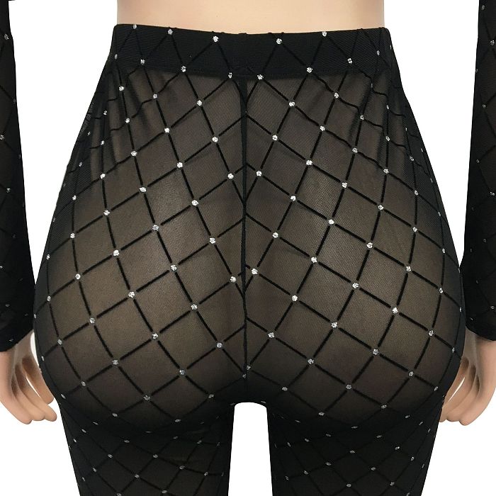 Euramerican Women Sexy Color Matching Long Sleeve Short Top Mesh Spaghetti Perspectivity Long Pants Sets XZ5561