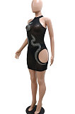 Sexy Fashion Perspectivity Side Hollow Out Snakelike Hot Drilling Sleeveless Hip Pullover Mini Dress CCY9535