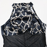 Velvet Printing Spliced Sexy Mesh Spaghetti Perspectivity Sleeveless Hip Bodycon Mini Dress CCY9546