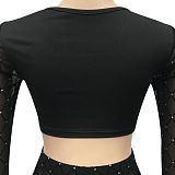 Euramerican Women Sexy Color Matching Long Sleeve Short Top Mesh Spaghetti Perspectivity Long Pants Sets XZ5561