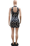 Velvet Printing Spliced Sexy Mesh Spaghetti Perspectivity Sleeveless Hip Bodycon Mini Dress CCY9546