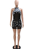Velvet Printing Spliced Sexy Mesh Spaghetti Perspectivity Sleeveless Hip Bodycon Mini Dress CCY9546