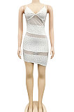 Euramerican Fashion Women Sexy V Collar Mesh Spaghetti Perspectivity Bling Bling Condole Belt Irregular Mini Dress XZ5575