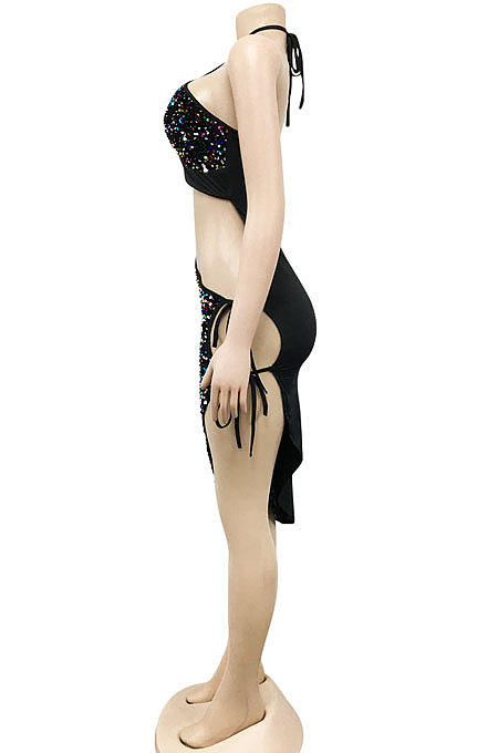 Euramerican Fashion Sexy Irregluar Condole Belt Hollow Out Split Bandage Mini Dress XZ5309
