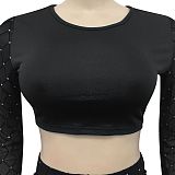 Euramerican Women Sexy Color Matching Long Sleeve Short Top Mesh Spaghetti Perspectivity Long Pants Sets XZ5561
