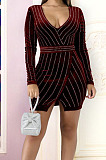 Sexy Night Club Women Hot Drilling Long Sleeve V Neck Collect Waist Hip Dress JLX8919