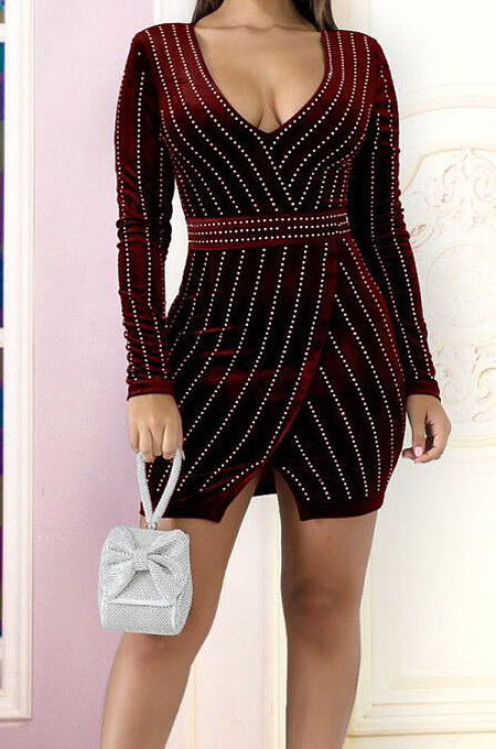 Sexy Night Club Women Hot Drilling Long Sleeve V Neck Collect Waist Hip Dress JLX8919