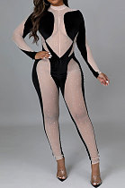 Fashion Women Long Sleeve Perspectivity Mesh Spaghetti Skinny Bodycon Jumpsuits CCY9538