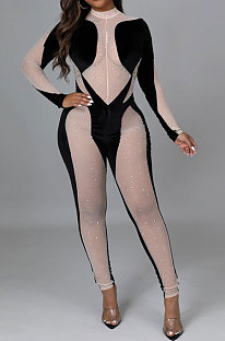 Fashion Women Long Sleeve Perspectivity Mesh Spaghetti Skinny Bodycon Jumpsuits CCY9538