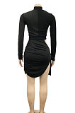 Euramerican Women Solid Color Long Sleeve Hollow Out Irregular Bandage Mini Dress XZ5558