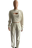 Women Pure Color Long Sleeve Sexy Crop Three Pieces XQ1160