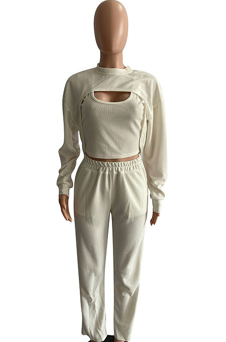 Women Pure Color Long Sleeve Sexy Crop Three Pieces XQ1160