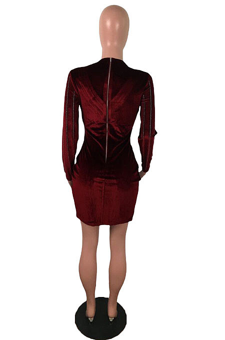 Sexy Night Club Women Hot Drilling Long Sleeve V Neck Collect Waist Hip Dress JLX8919