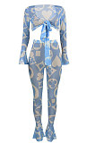 Euramerican Women Fashion Sexy Mesh Spaghetti Printing Flounce Pants Sets ED8362