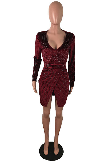 Sexy Night Club Women Hot Drilling Long Sleeve V Neck Collect Waist Hip Dress JLX8919