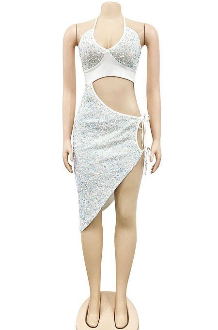 Euramerican Fashion Sexy Irregluar Condole Belt Hollow Out Split Bandage Mini Dress XZ5309