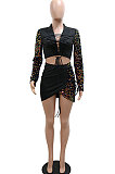 Fashion Sequins Spliced Sexy Bandage Long Sleeve Top Irregular Hip Skirts Sets CCY9543