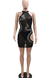 Sexy Fashion Perspectivity Side Hollow Out Snakelike Hot Drilling Sleeveless Hip Pullover Mini Dress CCY9535