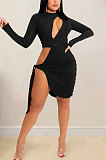Euramerican Women Solid Color Long Sleeve Hollow Out Irregular Bandage Mini Dress XZ5558