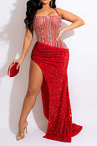 Sexy Condole Belt Irregular High Split Sequins Backless Long Dress CCY9545