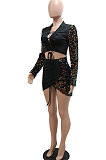 Fashion Sequins Spliced Sexy Bandage Long Sleeve Top Irregular Hip Skirts Sets CCY9543