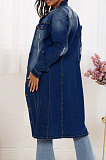 Fashion Women Hole Long Sleeve Lapel Neck Single-Breasted Cardigan Jeans Long Coat JLX3523