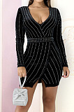 Sexy Night Club Women Hot Drilling Long Sleeve V Neck Collect Waist Hip Dress JLX8919