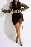 Fashion Sequins Spliced Sexy Bandage Long Sleeve Top Irregular Hip Skirts Sets CCY9543