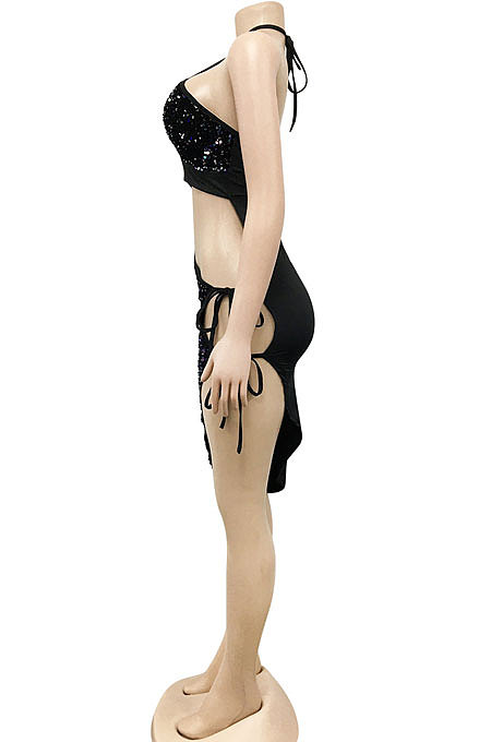 Euramerican Fashion Sexy Irregluar Condole Belt Hollow Out Split Bandage Mini Dress XZ5309