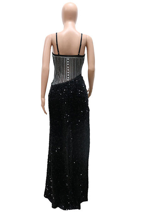 Sexy Condole Belt Irregular High Split Sequins Backless Long Dress CCY9545