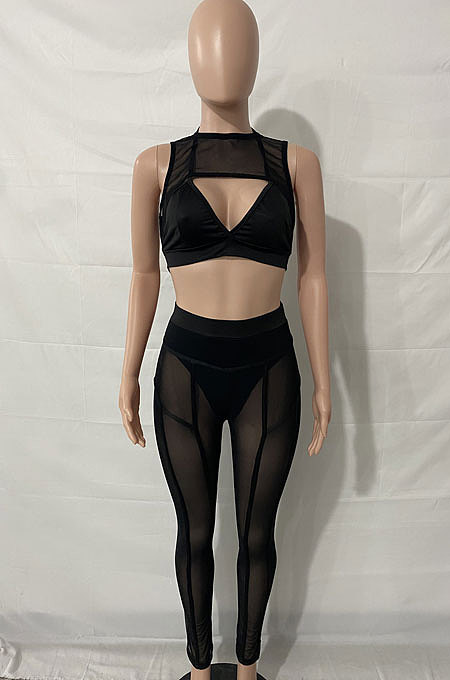 Euramerican Women Perspectivity Mesh Spaghetti Sleeveless Blackless Pants Sets XQ1161