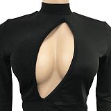 Euramerican Women Solid Color Long Sleeve Hollow Out Irregular Bandage Mini Dress XZ5558