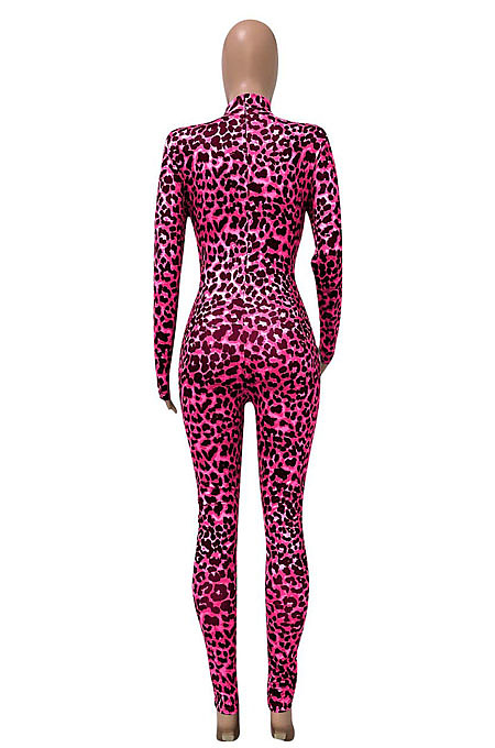 Women Nigh Club Leopard Printed Long Sleeve Collect Waist Bodycon Jumpsuits WX033