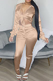 Sexy New Wholesale Long Sleeve Low-Cut Bandage Tops High Waist Trousers Solid Color Suits YNS1689