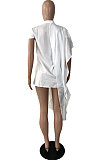 Women Fashion Irregular Short Sleeve  Stand Neck Single-Breasted Solid Color Shirts YNS1690